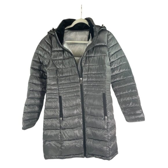 Andrew Marc Packable Lightweight Down Hood Jacket M Metallic Gray Puffer Winter - Picture 1 of 9